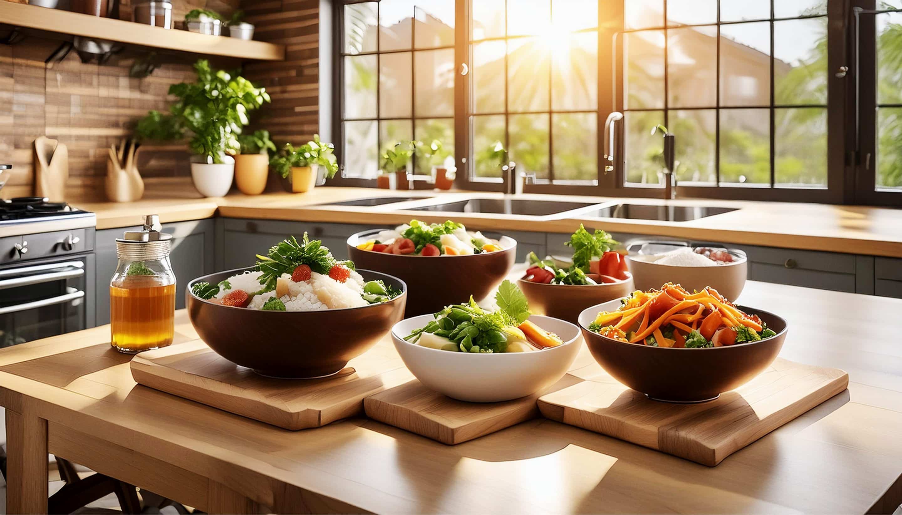 cocina con platos de comida vegana donde se iluminan por la luz solar